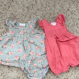 Coral Pink Romper & Floral Dress Set - Baby Girl bundle